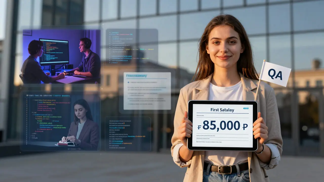 Молодая женщина с зарплатным чеком 85 000 ₽ стоит перед офисом IT-компании в Москве.