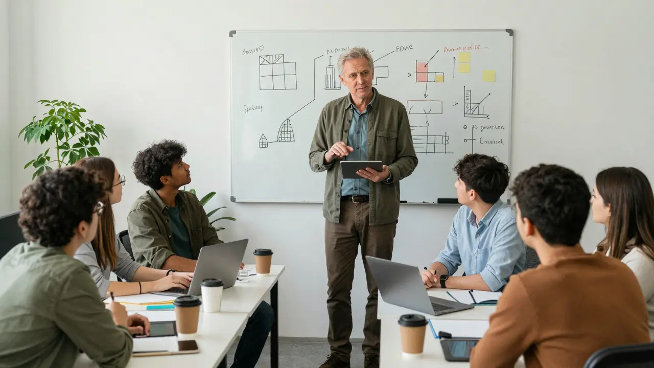 Мужчина в возрасте представляет проект молодой команде в офисе стартапа, все внимательно слушают.