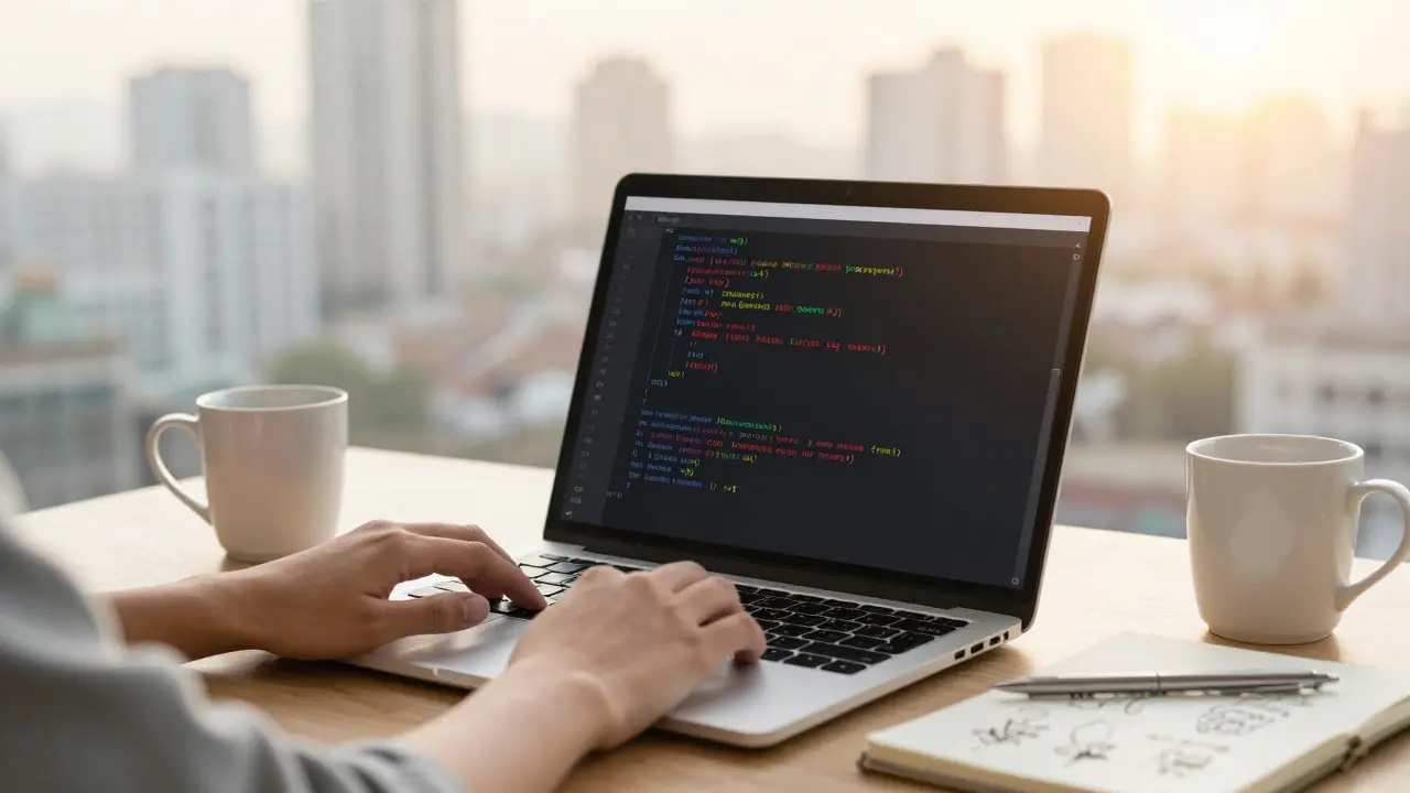 Начинающий разработчик с кодом и набросками, окно с городом позади.
