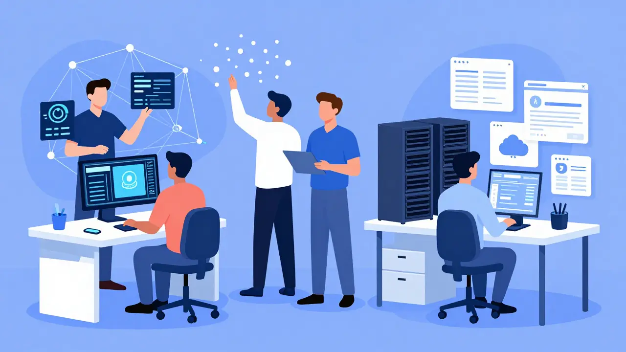 Пять IT-специалистов работают в средах: сеть, данные, контейнеры, облака, интерфейсы.