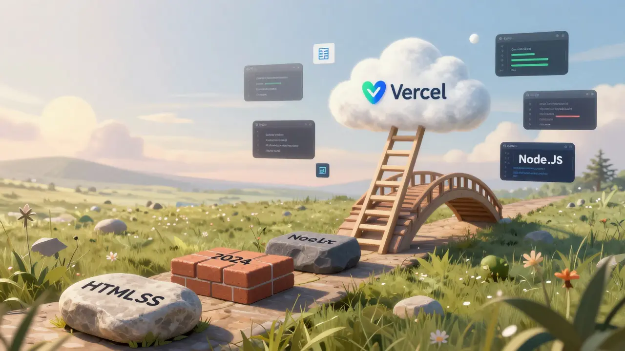 Путь разработчика: от HTML/CSS через React и Node.js к деплою на Vercel с инструментами Git и AI.