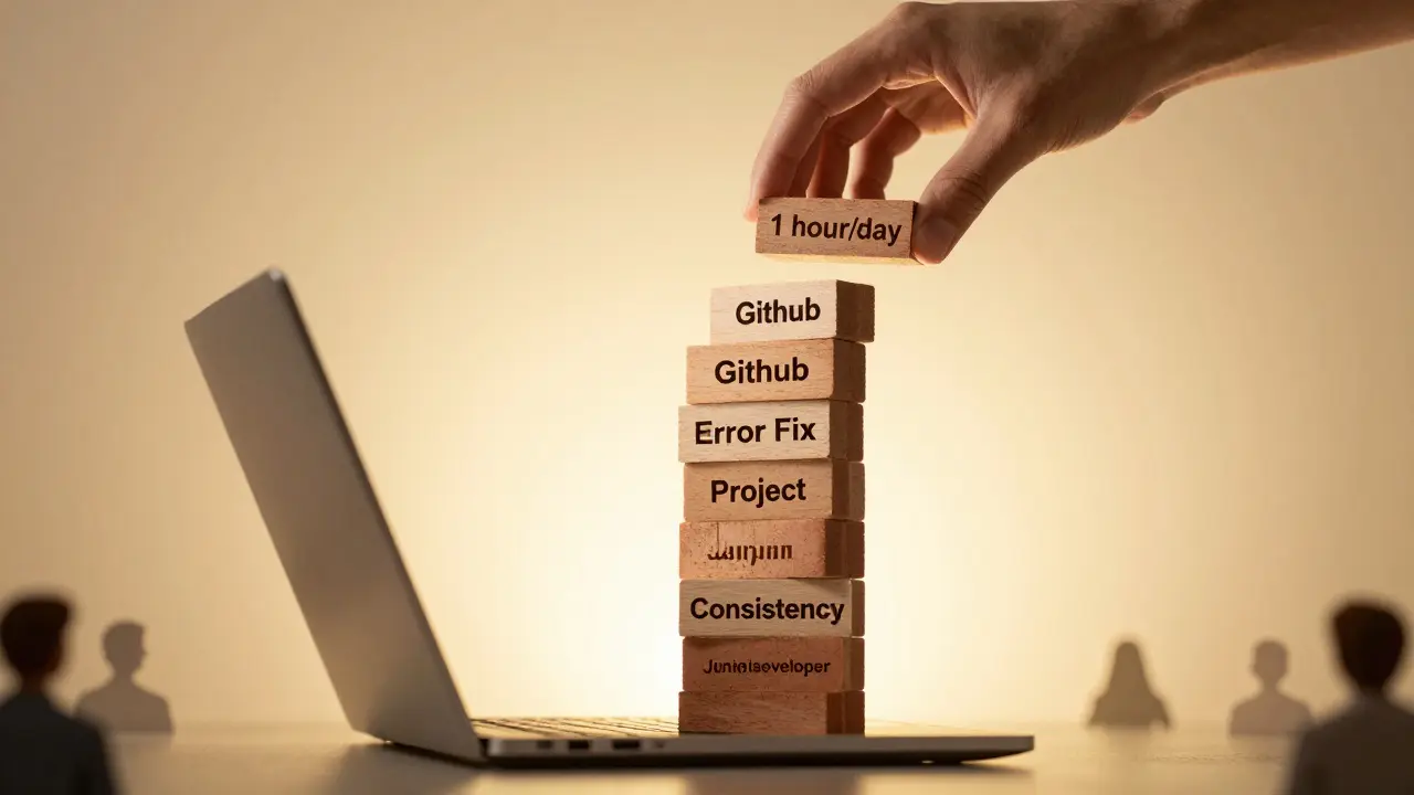 Рука кладет кирпичи с надписями в высокую башню 'Джун-разработчик'.