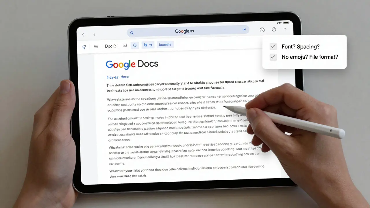 Рука на планшете редактирует документ в Google Docs с чек-листом требований к оформлению текста.