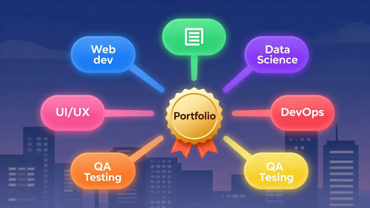Семь цветных путей IT-профессий сходятся к золотому значку портфолио на фоне городского пейзажа.