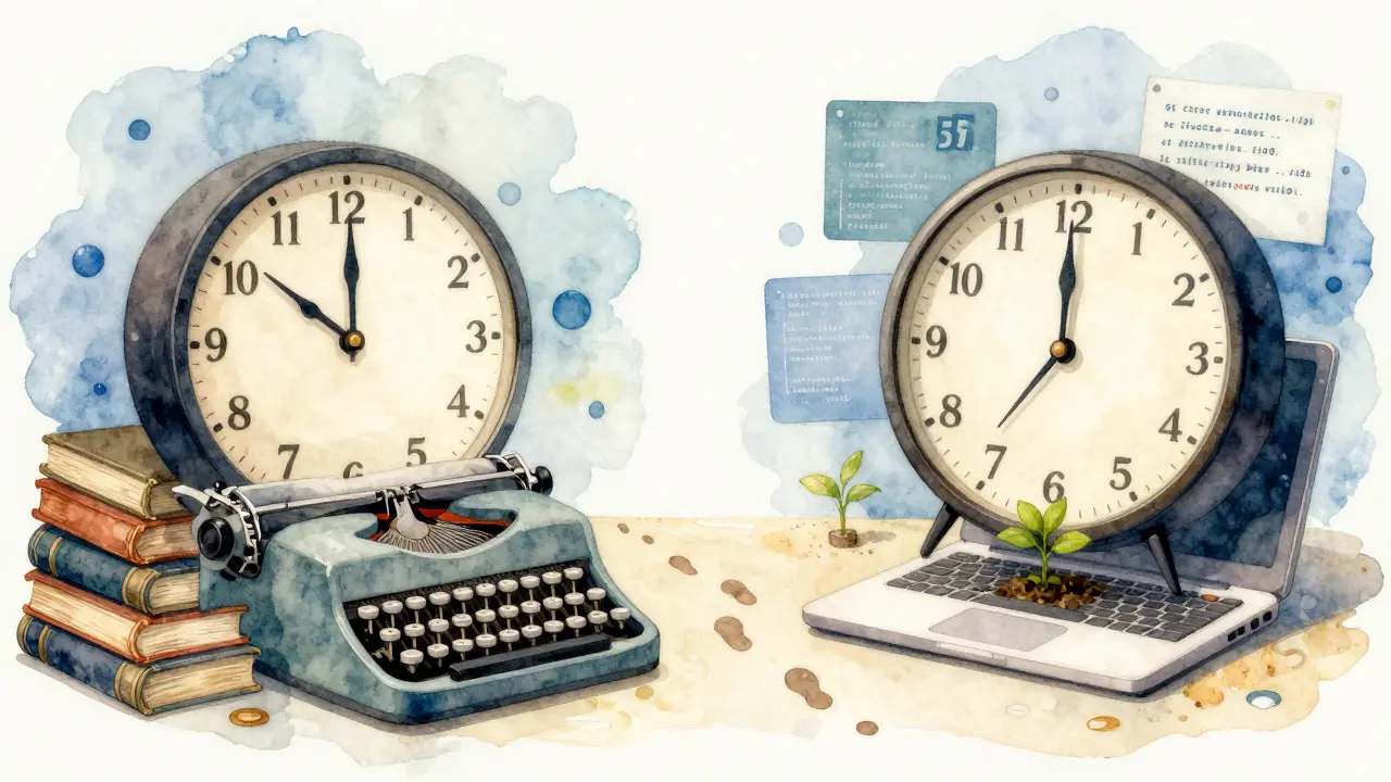 Символическое изображение: старый часы с возрастом 50 и 55 — переход от прошлого к новой карьере в IT.