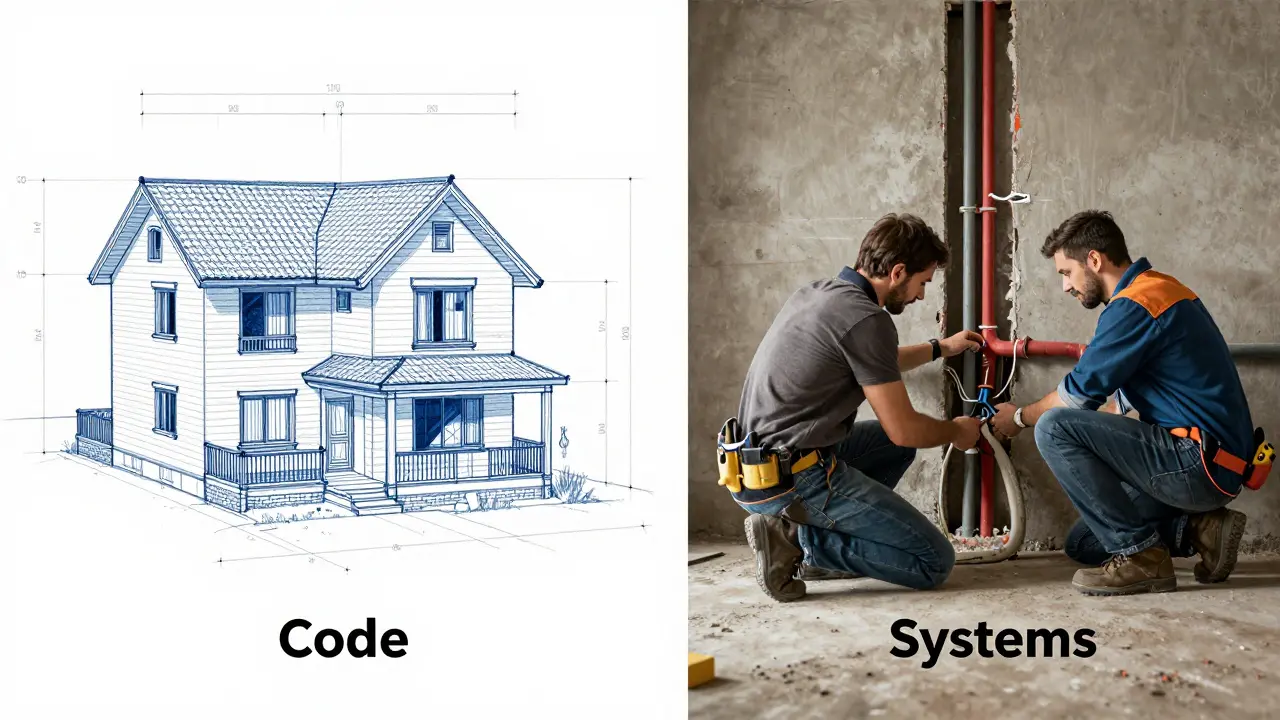 Сравнение: архитектор строит дом (код) и мастер чинит его коммуникации (системы).