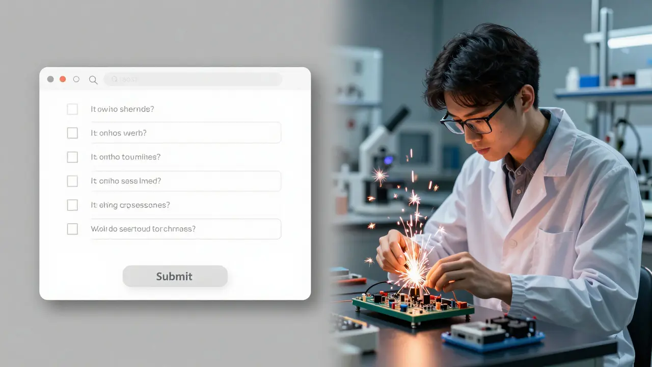 Сравнение: онлайн-тест слева и реальная лаборатория справа — цифровая пассивность против практического опыта.