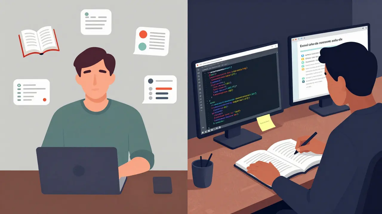 Сравнение пассивного просмотра лекций и активного обучения: слева — бездействие, справа — концентрация и взаимодействие.