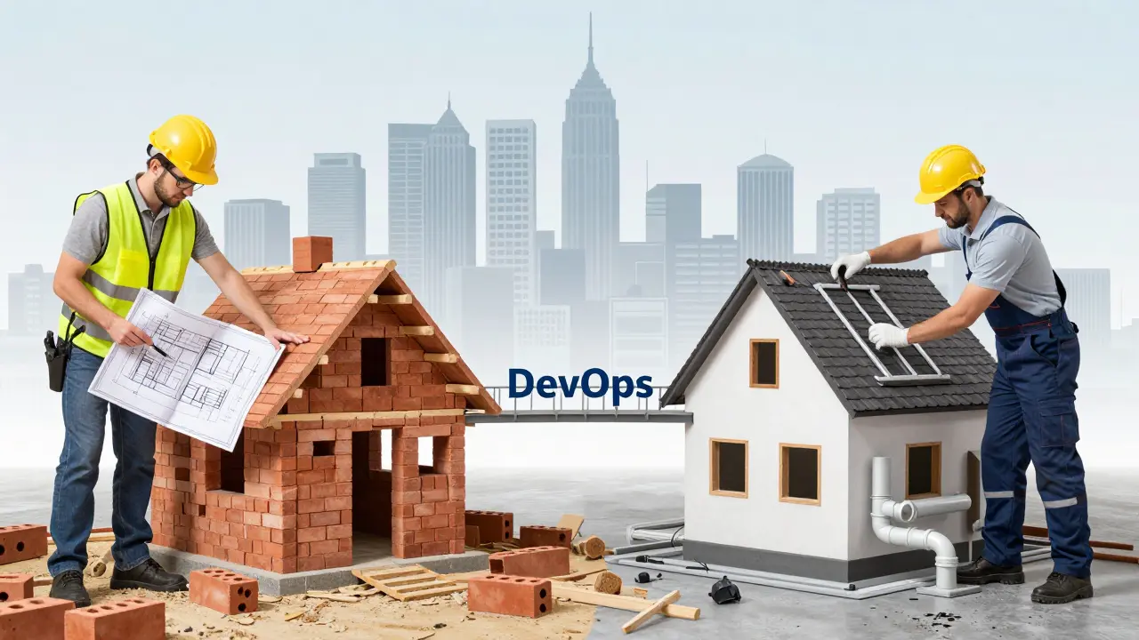 Сравнение: строитель создаёт дом (программист) и механик чинит его (айтишник), связанные мостом DevOps.