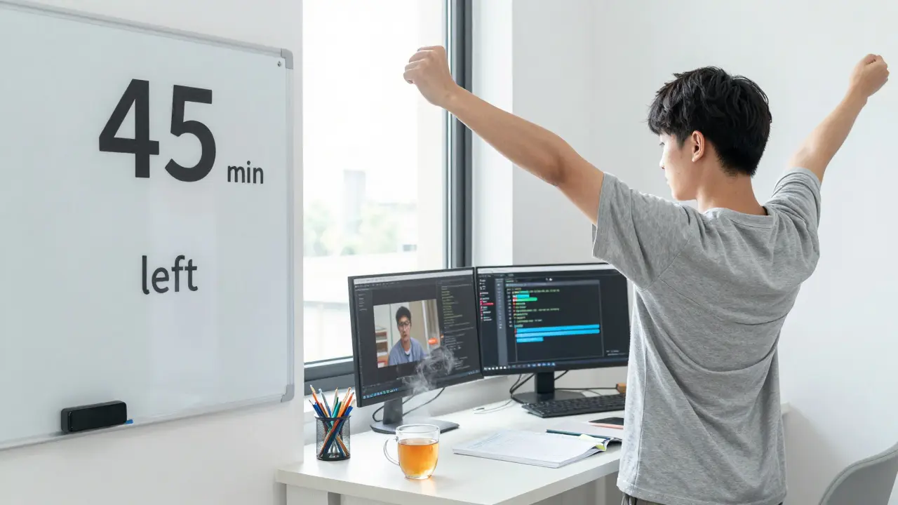 Студент на перерыве во время учёбы по расписанию 50/10, с видом в окно и чашкой чая.