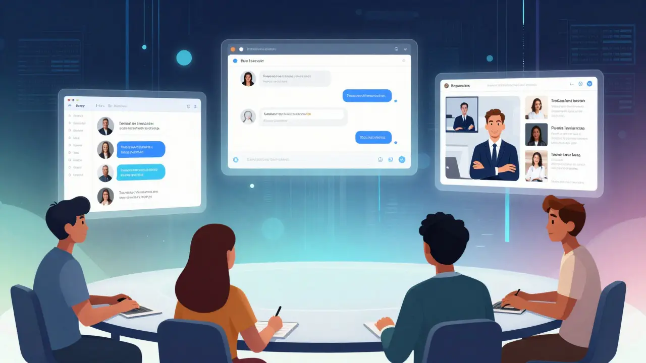 Ученики и ментор взаимодействуют в цифровом сообществе, показывая портфолио и обратную связь.