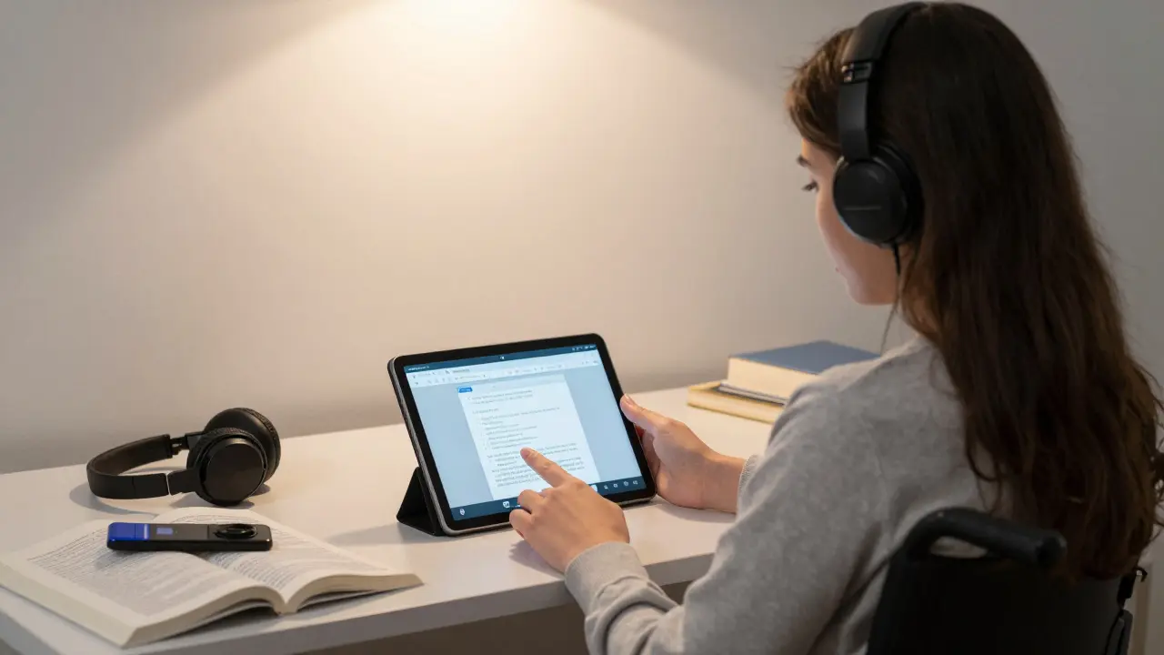 Женщина с ограниченными возможностями участвует в онлайн-лекции с помощью адаптивных инструментов