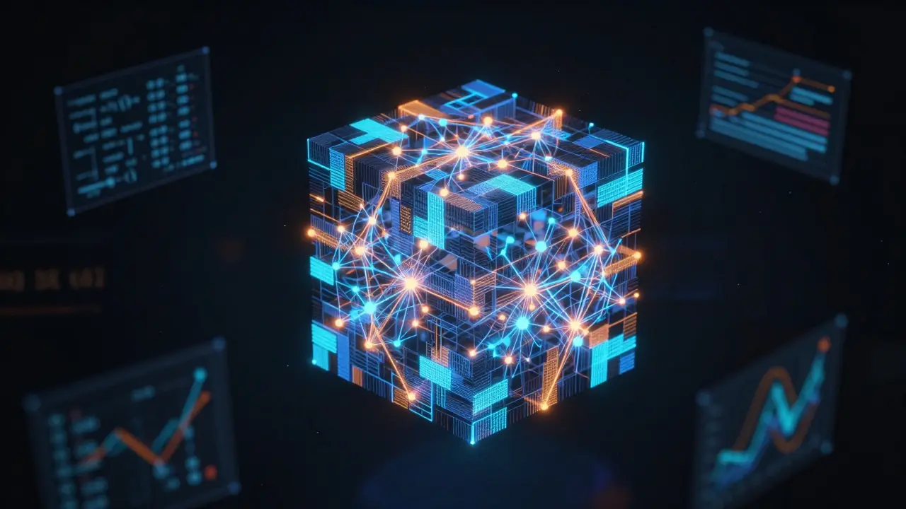 Абстрактная визуализация машинного обучения: векторы, матрицы и нейросети в космическом пространстве.