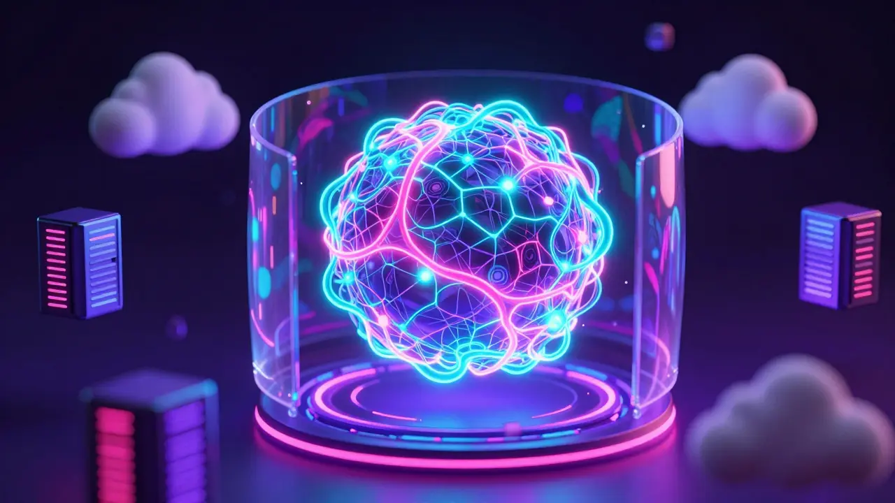 Абстрактная визуализация нейросетей, защиты и облачных технологий.