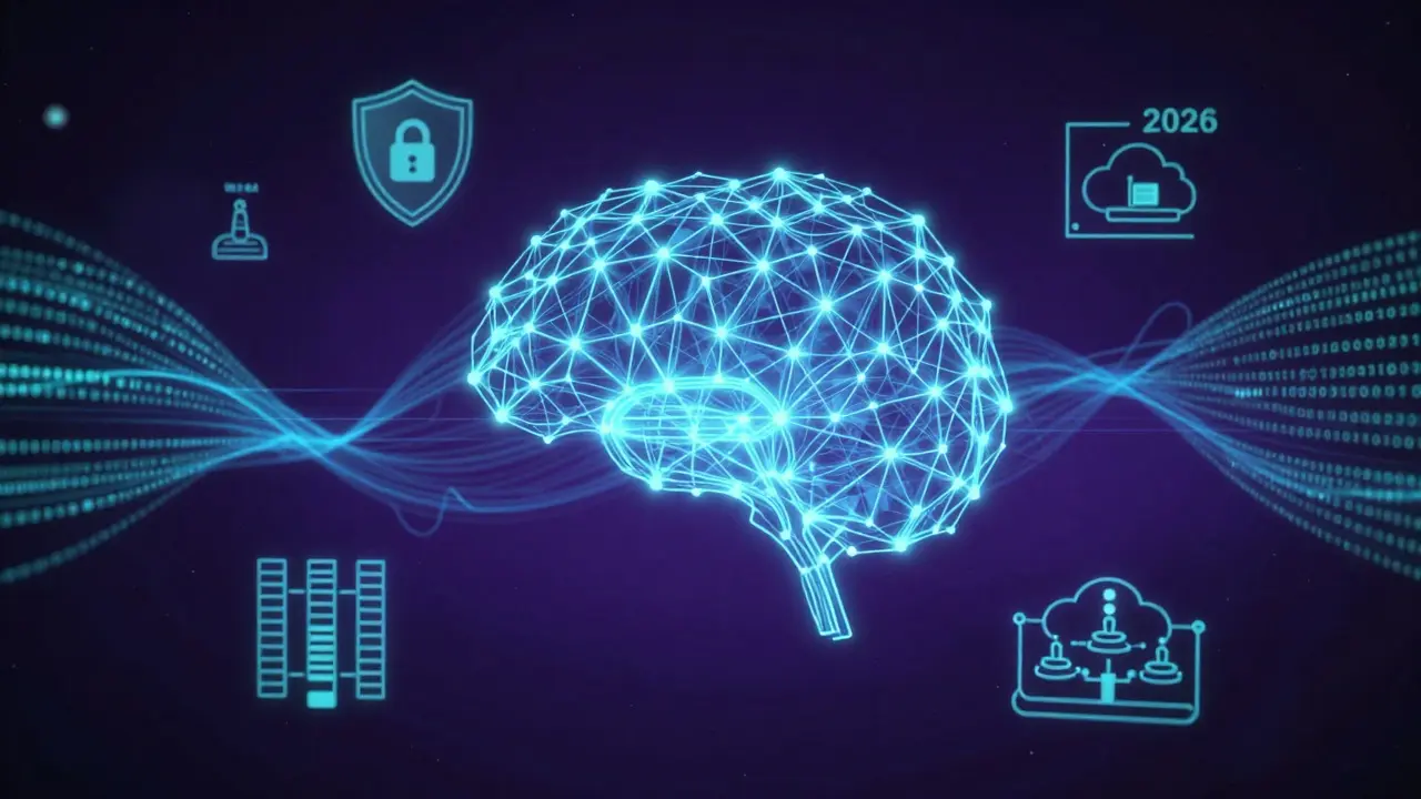 Абстрактная визуализация технологий ИИ, кибербезопасности и анализа данных будущего