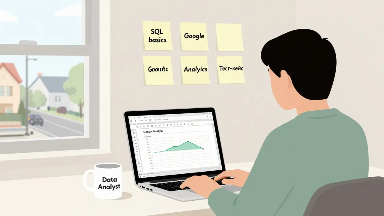 Человек анализирует данные в Excel, на стене — заметки по основам аналитики и цифрового маркетинга.