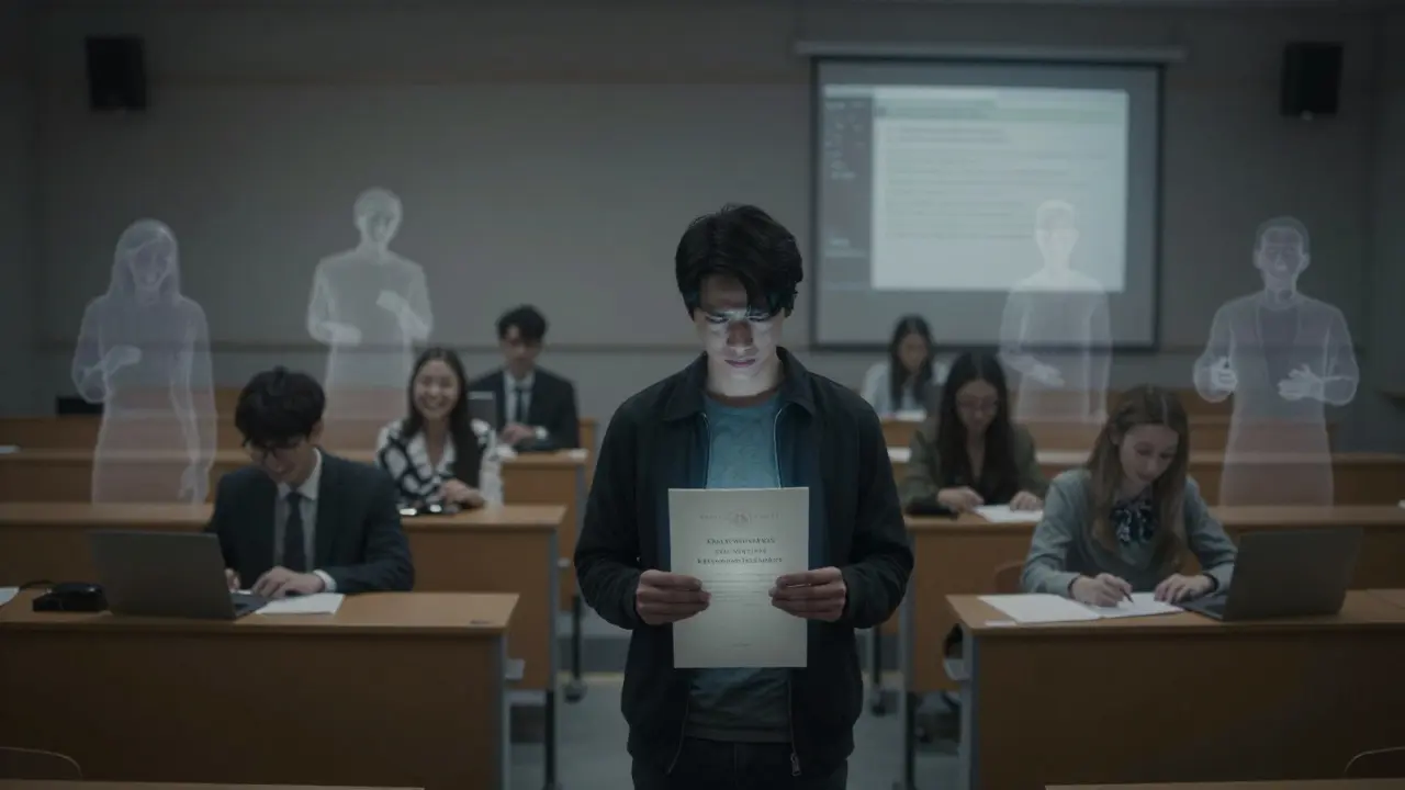 Диплом в руках, вокруг — исчезающие образы настоящего обучения.