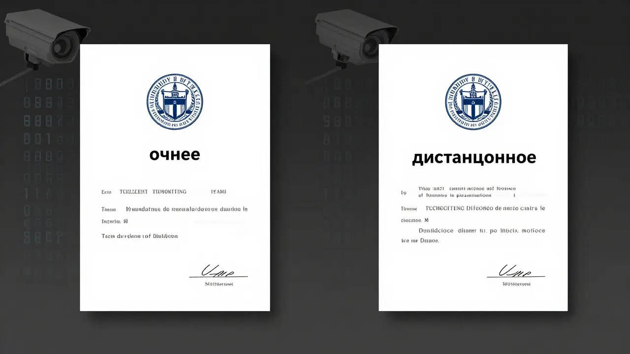Два одинаковых диплома — очное и дистанционное обучение — с цифровыми элементами, символизирующими онлайн-контроль.