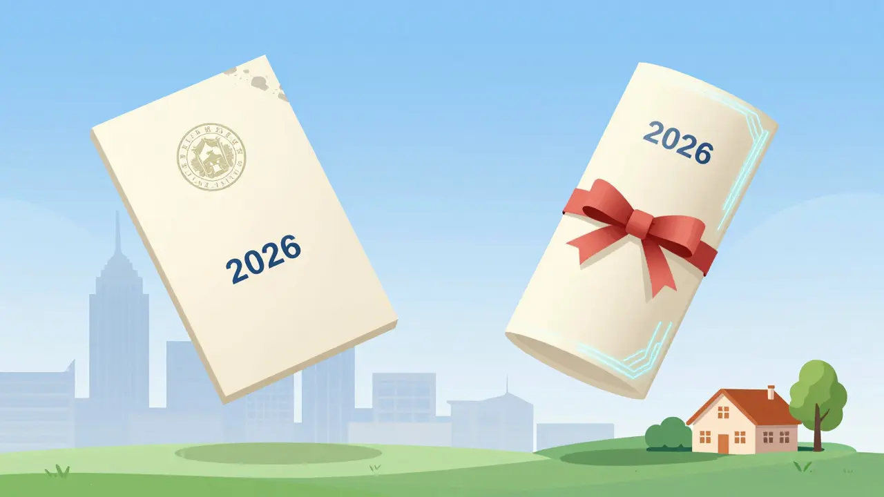 Два одинаковых диплома — один традиционный, другой цифровой — парят над городом и деревней, символизируя равную ценность.