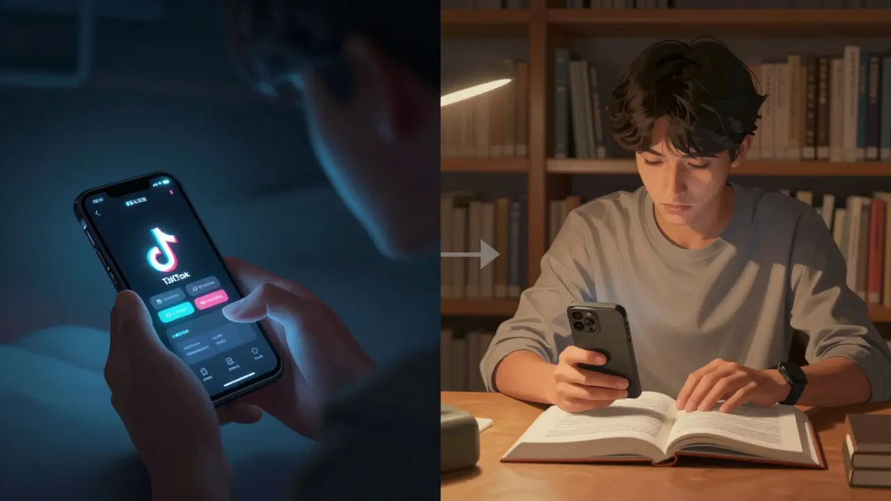 Два сценария: студент скроллит TikTok и студент сосредоточенно учится в библиотеке — контраст между отвлечением и фокусом.
