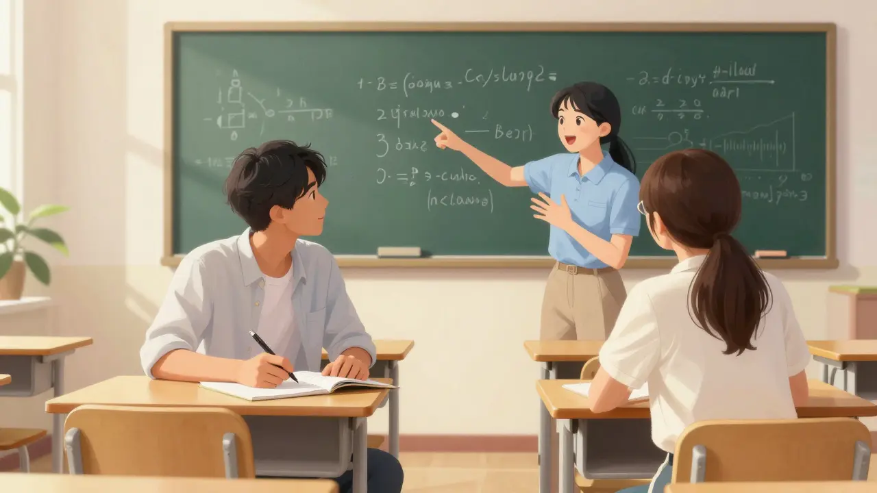 Два студента в аудитории обсуждают код, один пишет от руки, на доске — схемы и уравнения.