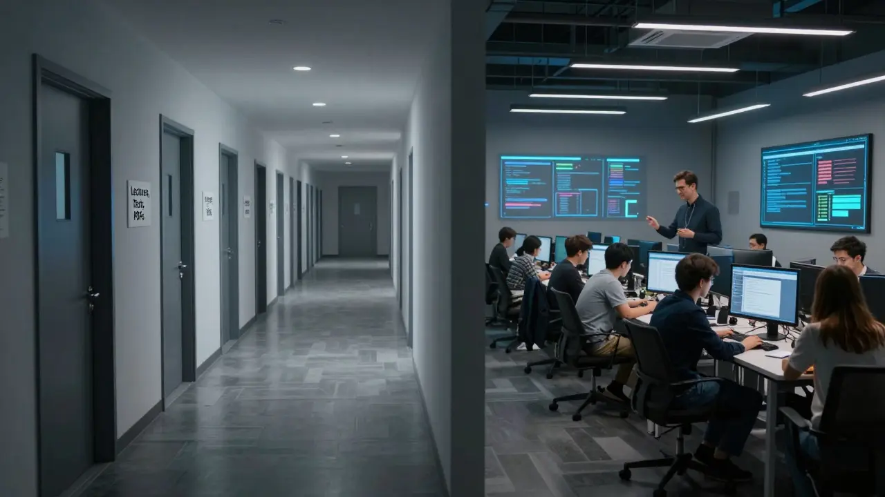 Две цифровые дороги: одна — пустая и изолированная, другая — оживленная и collaborative, иллюстрирующие разницу между форматами обучения.