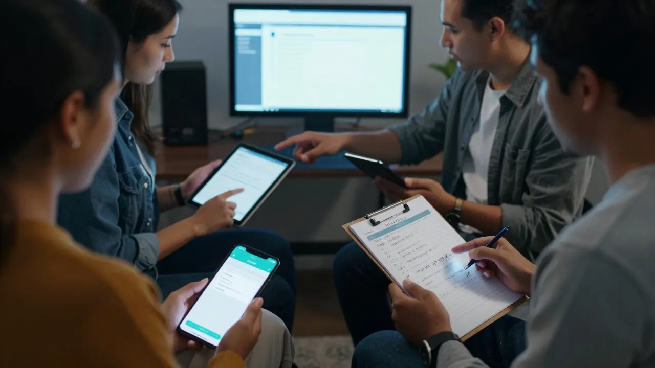 Группа людей тестирует мобильное приложение, фиксируя баги в отчетах и обсуждая результаты.