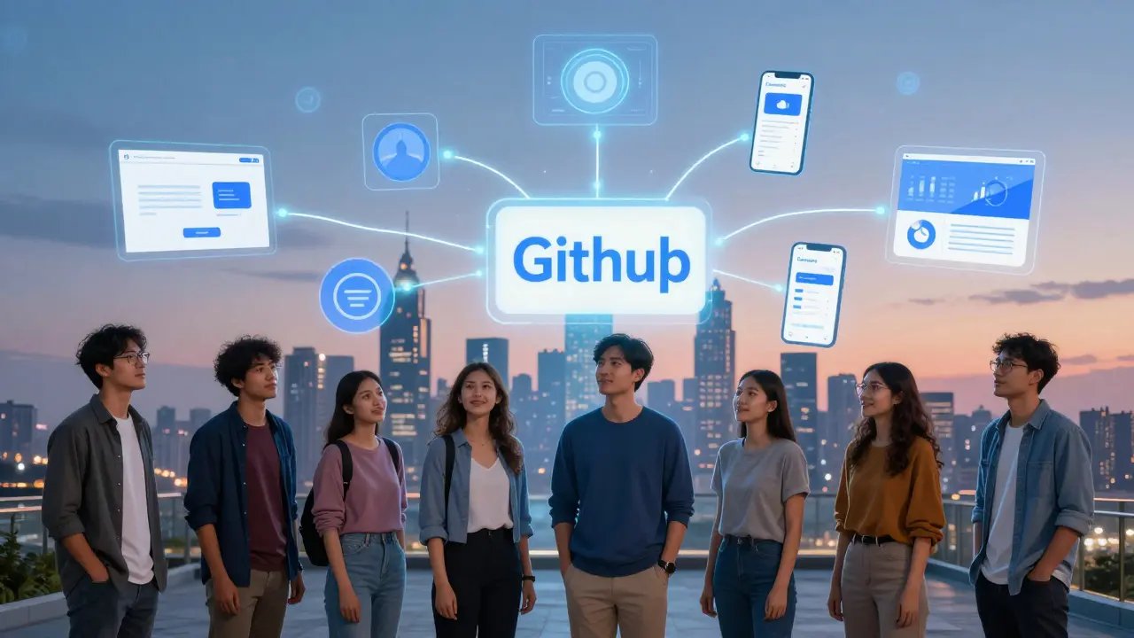 Группа людей в цифровом пространстве с проектами, соединёнными с GitHub, на фоне городского пейзажа на рассвете.