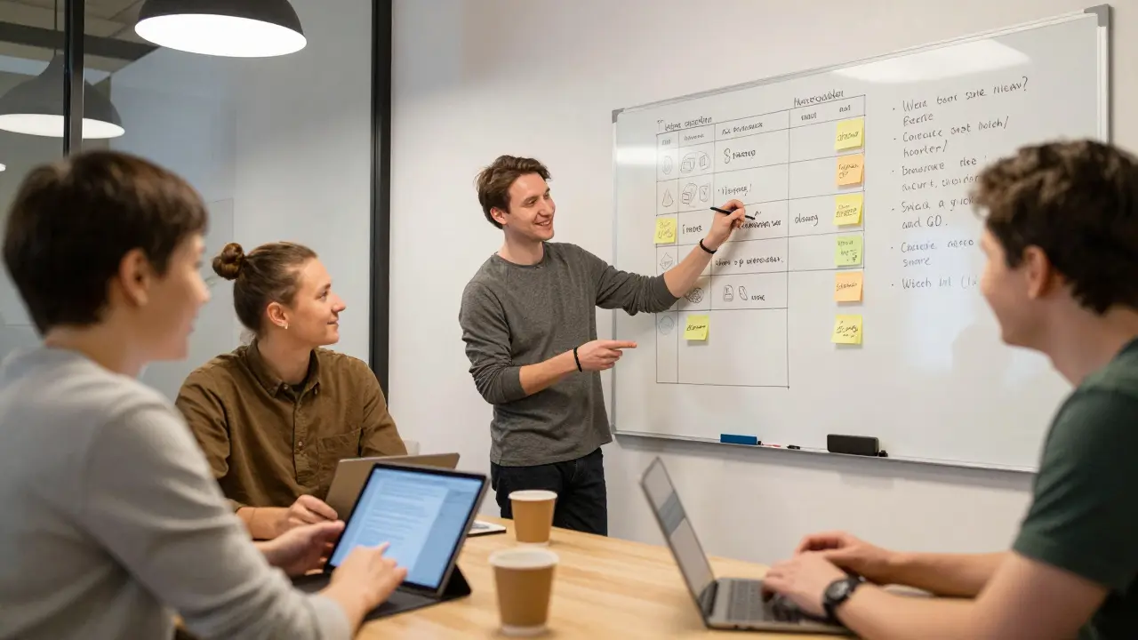 Группа людей в коворкинге обсуждает задачи, используя доски и заметки, без кода.