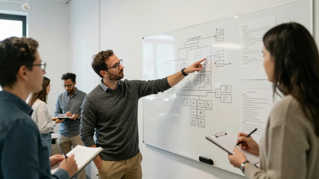 Группа взрослых профессионалов обсуждает дизайн приложения в современном коворкинге, используя белую доску и прототипы.