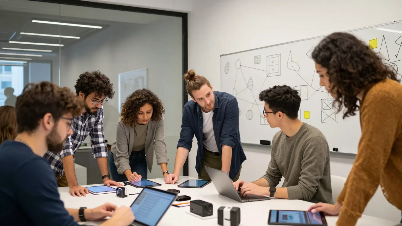 Команда разработчиков работает вместе над технологическим проектом.