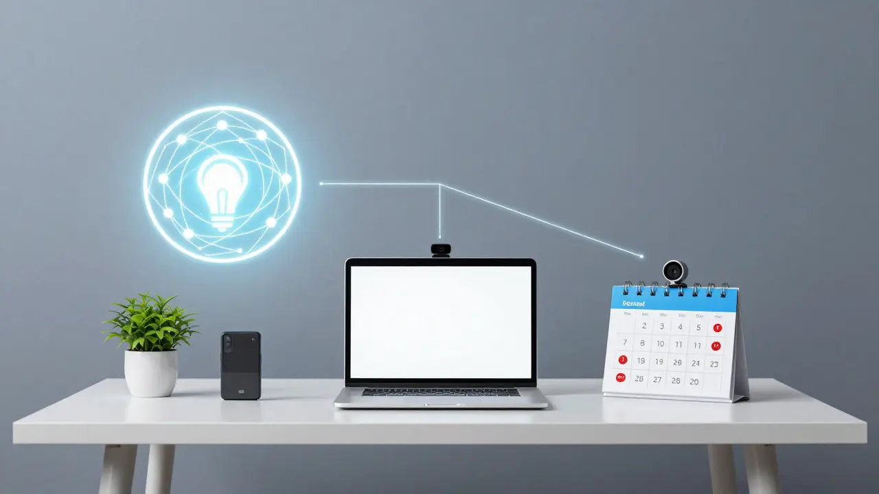 Концептуальная схема: интернет, ноутбук, календарь и стол соединены световыми линиями, символизируя систему успешного дистанционного обучения.