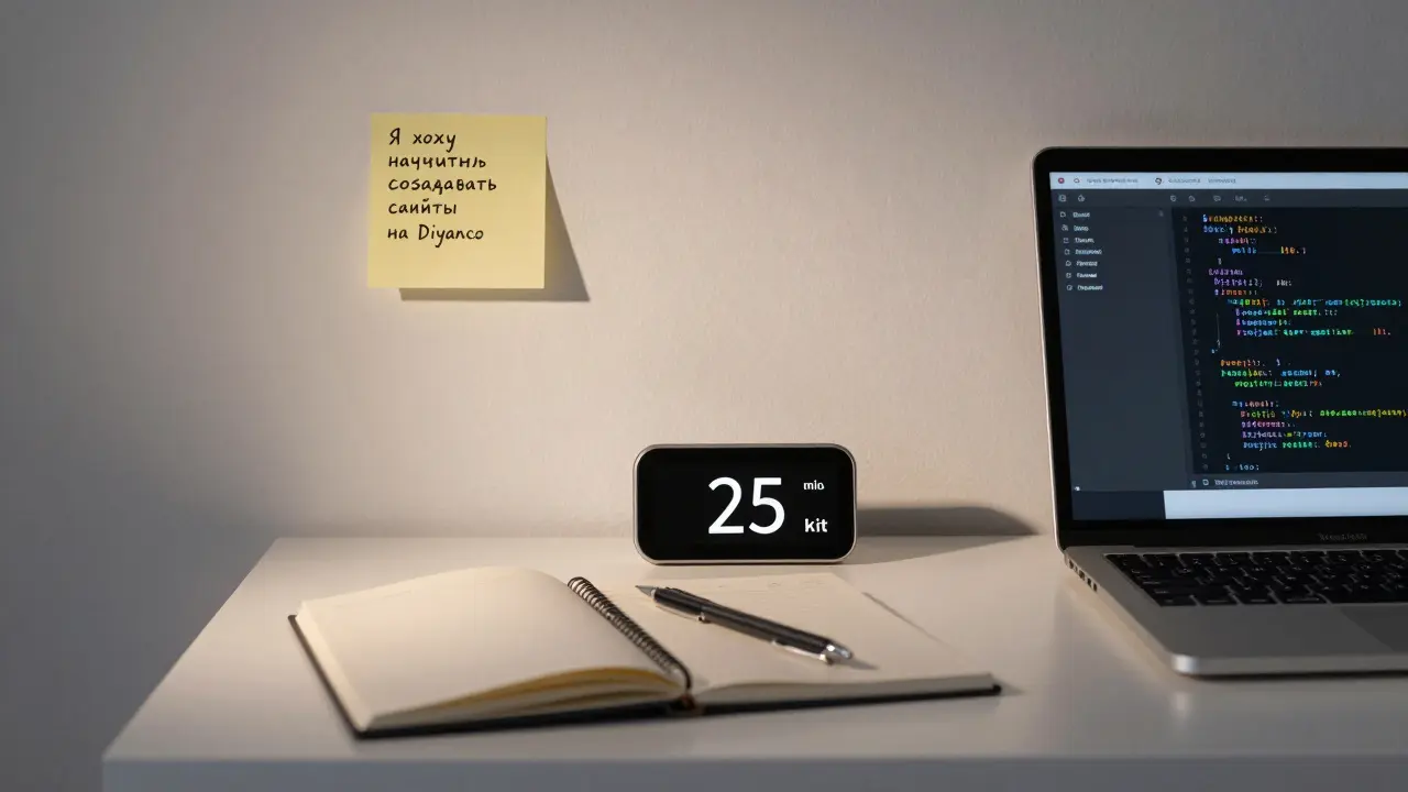 Минималистичный рабочий уголок: таймер, блокнот, карандаш, записка с целью на стене, тусклый вечерний свет.