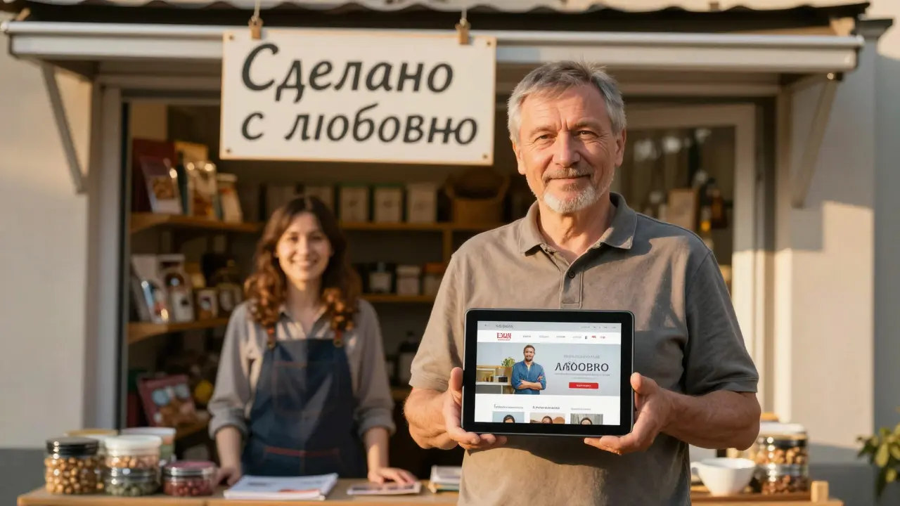 Мужчина показывает владельцу магазина новый сайт на планшете, за окном — золотистый закат и полки с товарами.