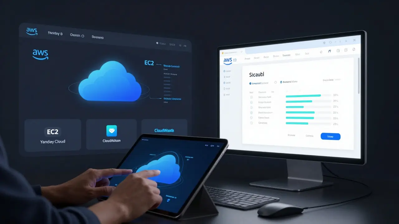 На экране отображаются облачные сервисы AWS и Yandex Cloud, настраивается развертывание веб-приложения.