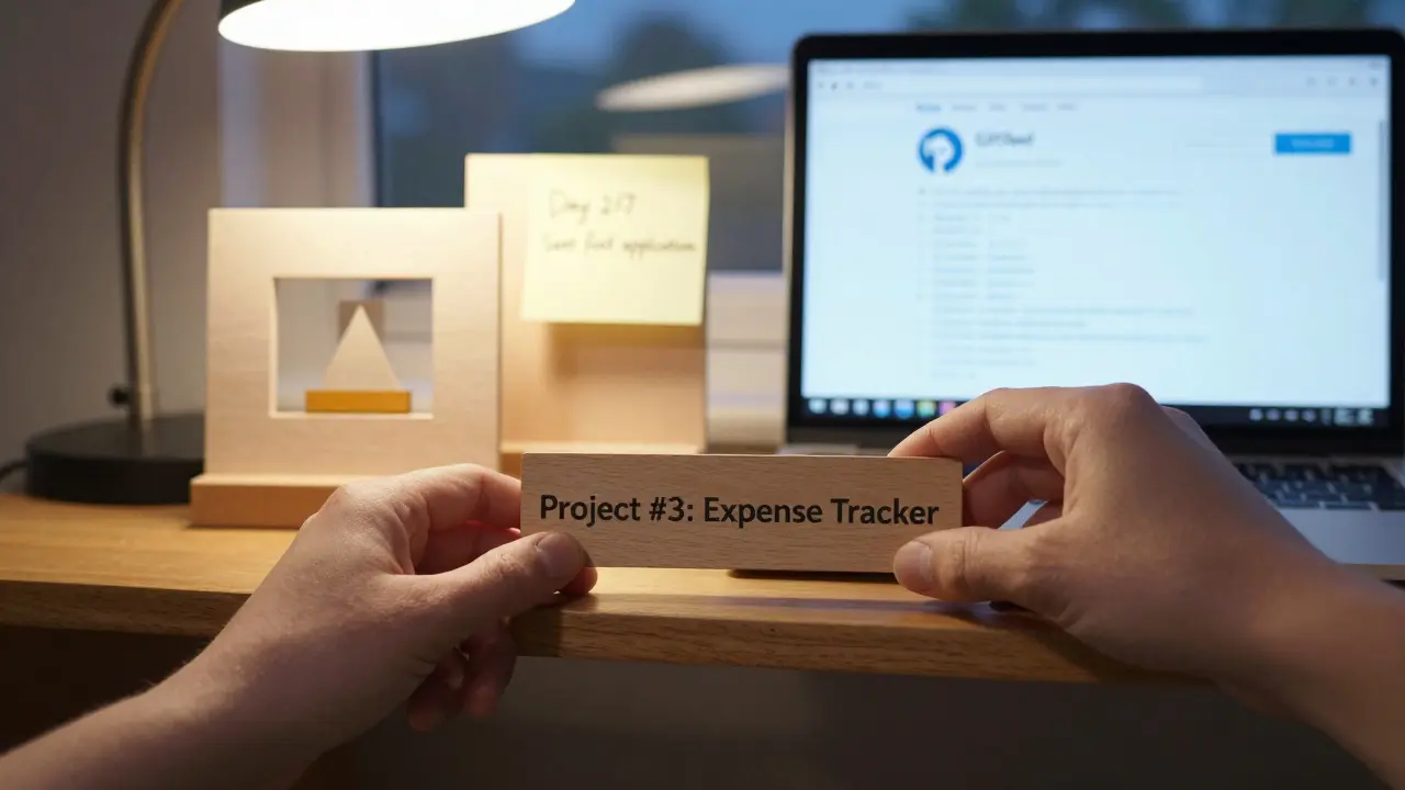 На полке стоят три самостоятельных проекта разработчика, рядом — экран с GitHub, где видны месяцы усилий и первое заявление о работе.