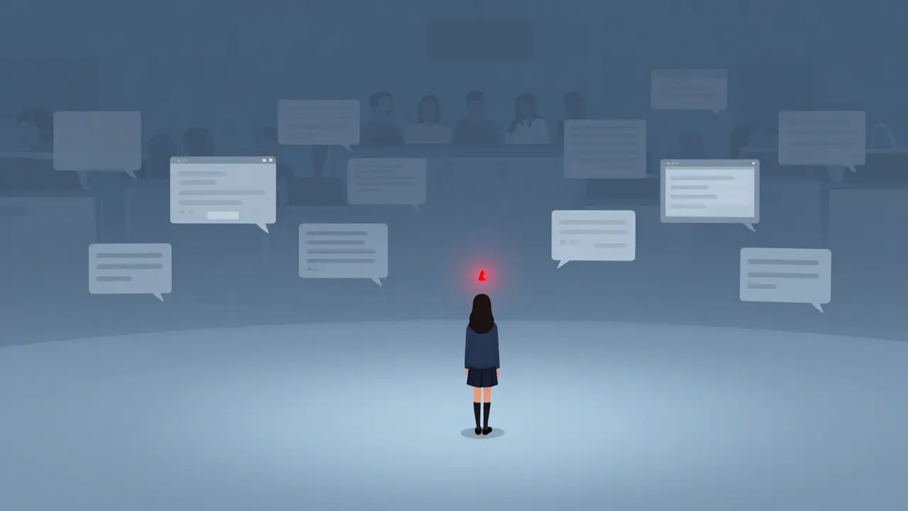 Одинокий студент в цифровом пространстве, окруженный мертвыми видеозвонками, вдали — смутный силуэт класса.