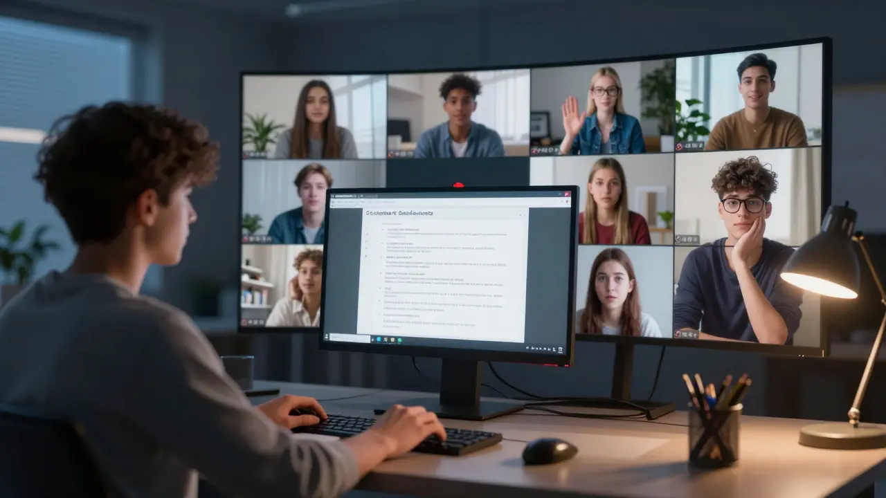 Подростки участвуют в интерактивном онлайн-уроке, работая с общим документом и опросом.