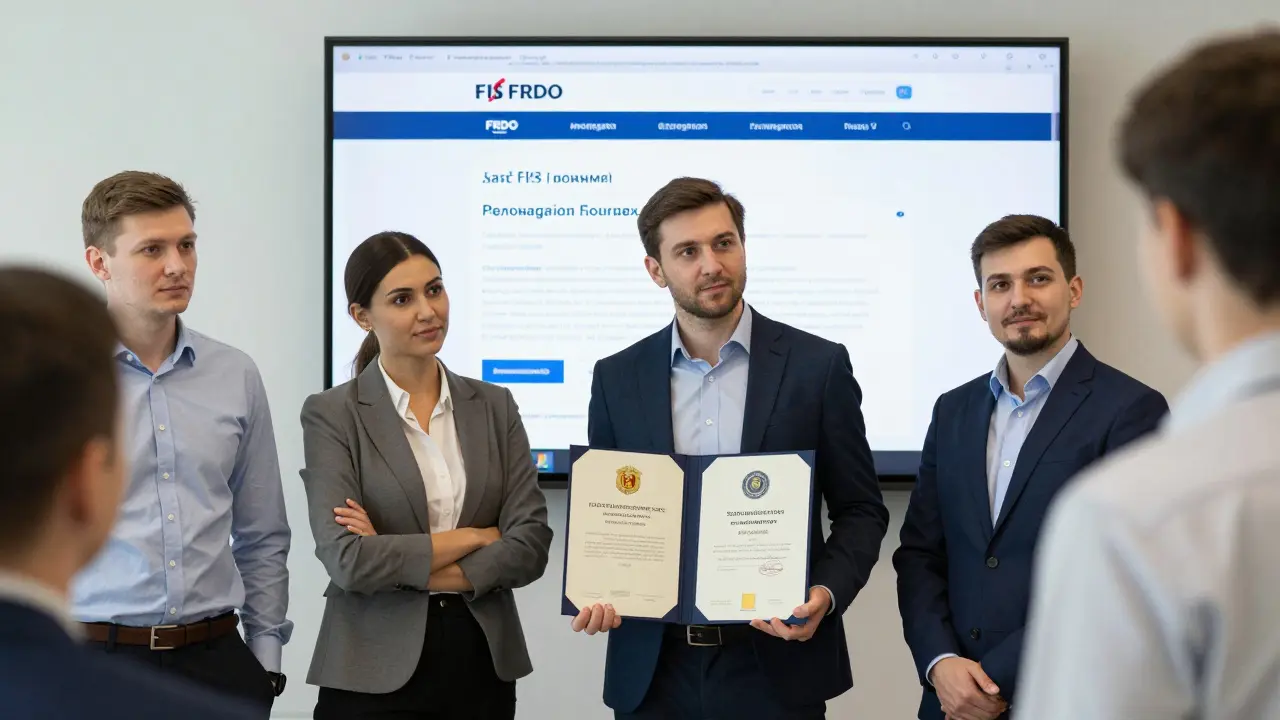 Профессионалы в офисе: один с государственным дипломом, другой с сертификатом, на фоне экрана с проверкой в ФИС ФРДО.