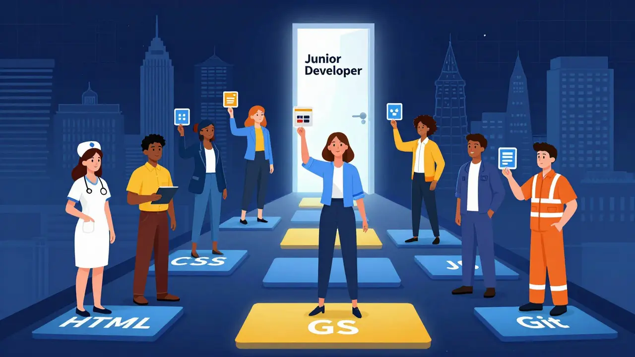 Разные люди идут по пути кода к двери Junior Developer, за ними — города России