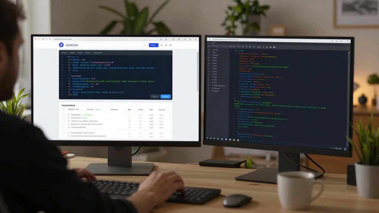Разработчик пишет код на JavaScript и Node.js в уютном офисе, на экране — динамический веб-интерфейс.