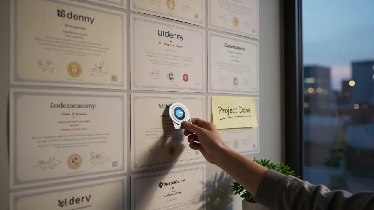 Рука кладет цифровой сертификат на стену с другими наградами, за окном — городской пейзаж на закате.