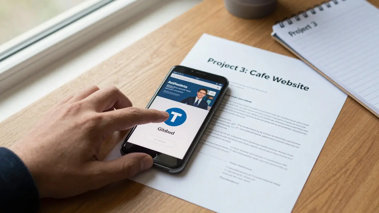 Рука нажимает кнопку коммита на GitHub, рядом — печатный Offer и сделанный веб-сайт.