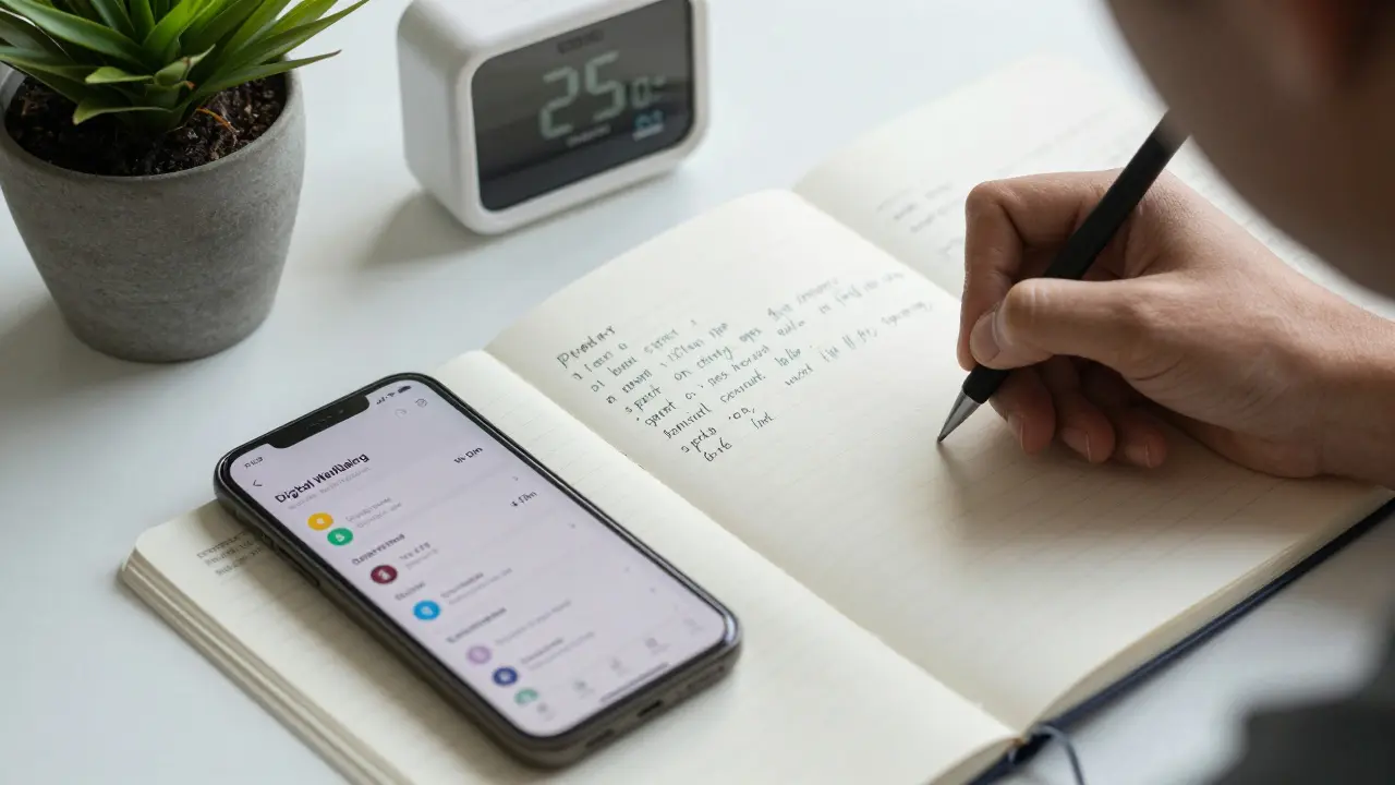 Рука пишет конспект от руки, а телефон лежит экраном вниз, на экране виден статистический дашборд цифрового благополучия.