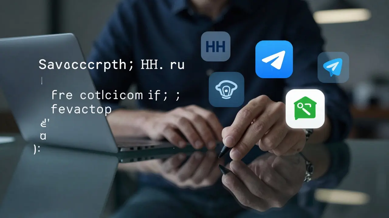 Рука пишет первую строку кода, в отражении — та же рука в офисе через годы