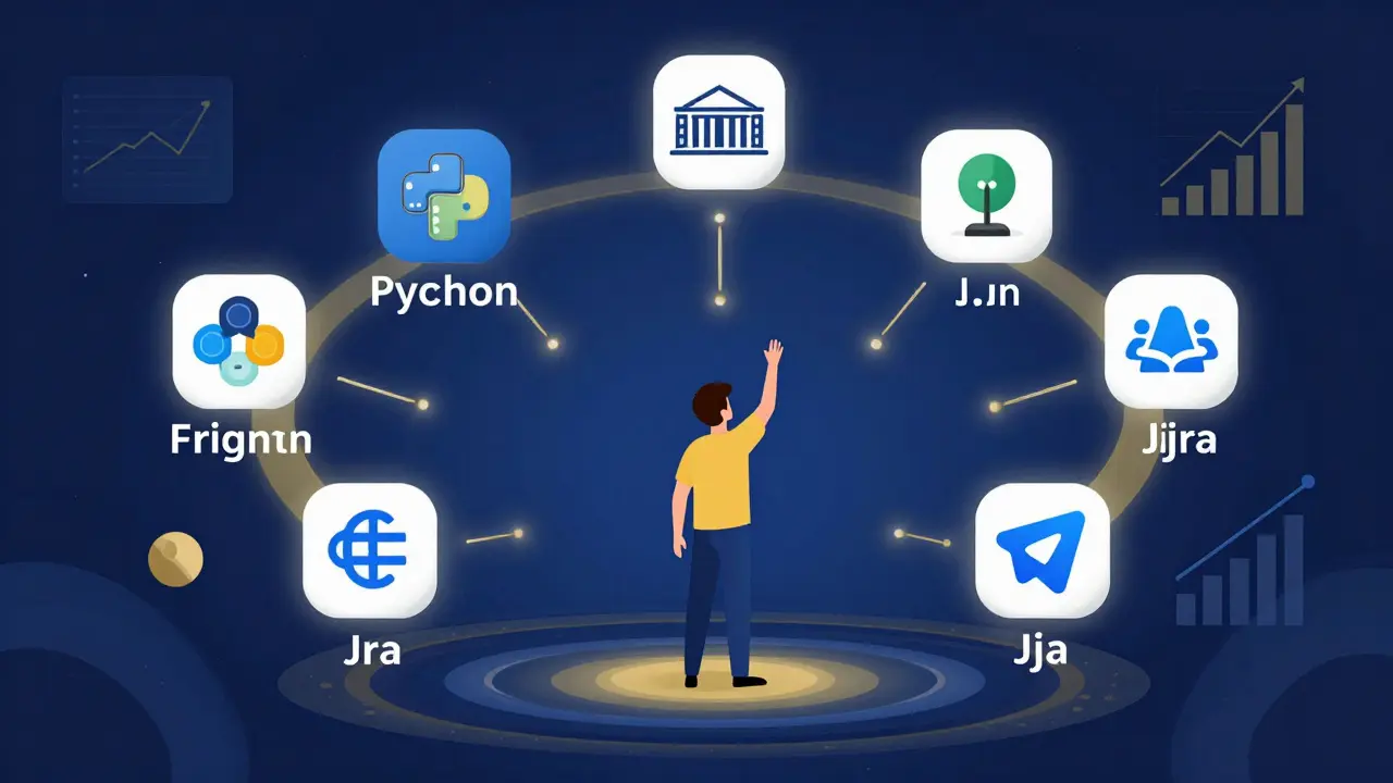 Символическая сцена: человек растет через цифровые навыки, связанные с IT, дизайном и маркетингом.