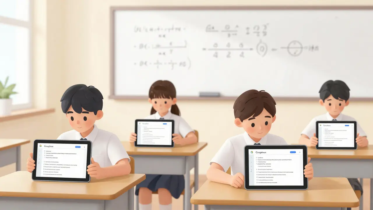 Школьники в форме используют планшеты с Google Classroom, учитель размещает задания.