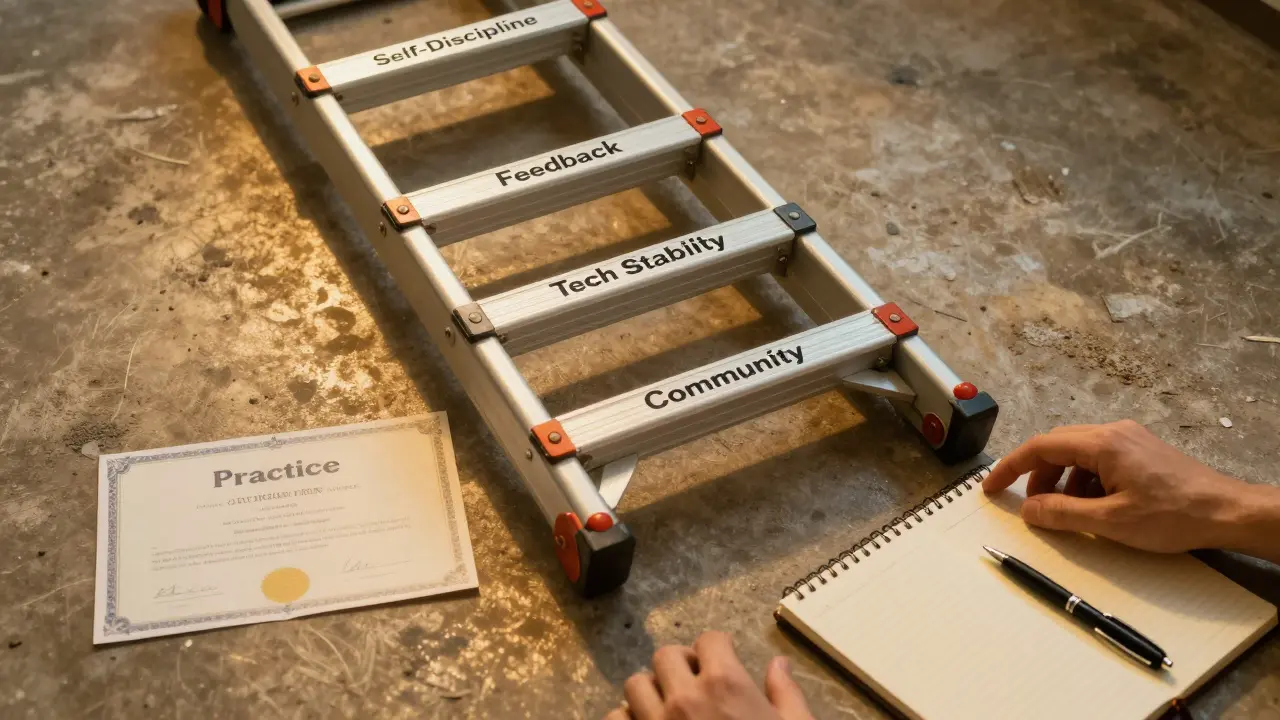 Сломанная лестница с надписями на ступенях, рядом — сертификат и настоящая тетрадь с ручкой, символизирующая потерю поддержки.