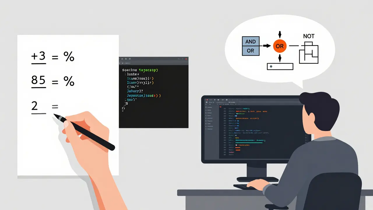 Сравнение простой арифметики и логики программирования: от бумаги к коду с логическими операторами.