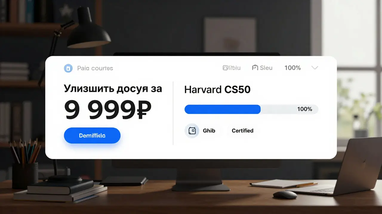 Сравнение: слева — навязчивое рекламное окно платного курса, справа — чистый интерфейс бесплатного курса Harvard CS50 с сертификатом.